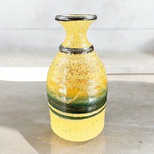 Studio Art Pottery Vase Bottle Shaped Vessel Hand Made Yellow Glazed Carved VTG